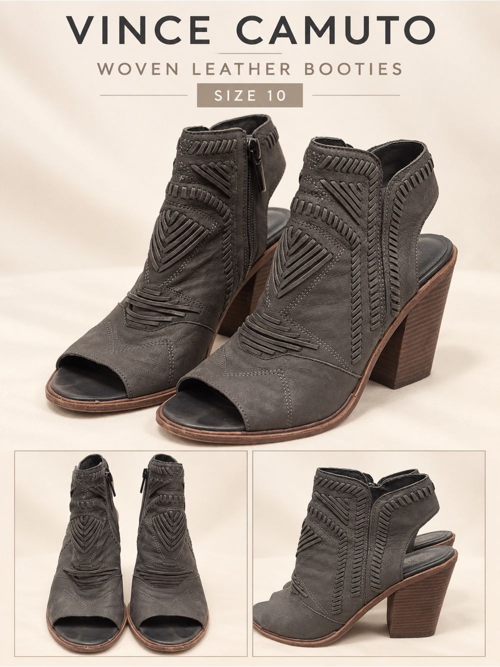 Vince Camuto Gray Woven Leather Peep-Toe Ankle Booties
